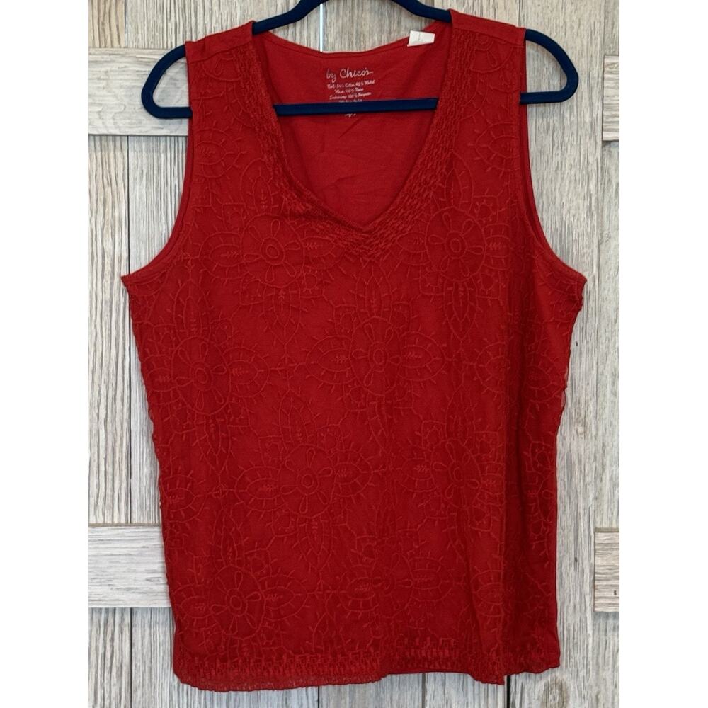 Chicos Tank Top Womens 3 US XL Red V Neck Sleeveless Knit Shirt Nylon Blend